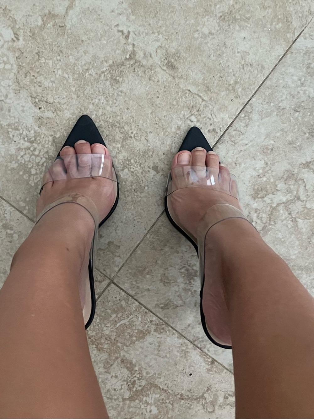 Anne Michelle Black Pointed Mule Heels with Clear Straps - Picture 4 of 6